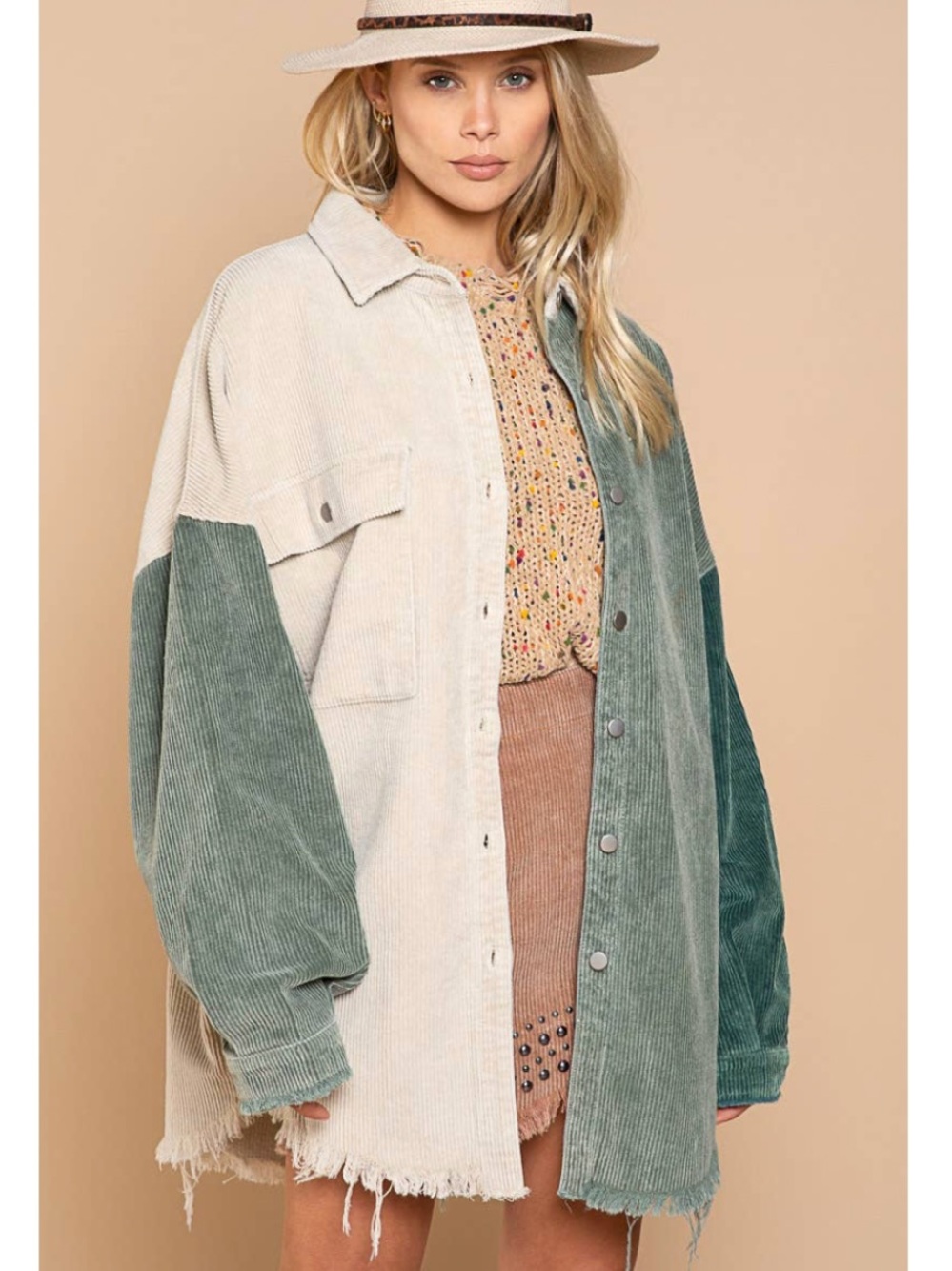 POL Colorblock Corduroy Oversized Boho Shacket Green & Beige 100% Cotton